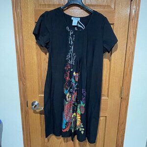 THE PARAGON Women's XL Black Pleated Floral Print Midi Length Cotton Dress NWOT